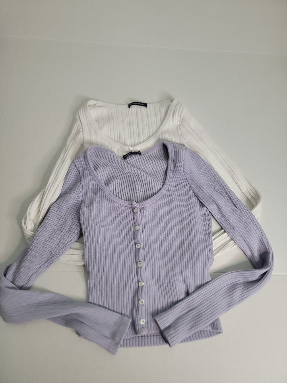 Brandy Melville LOT (2) Crop Top OS Long sleeves Stretch Cotton Henley Ribbed